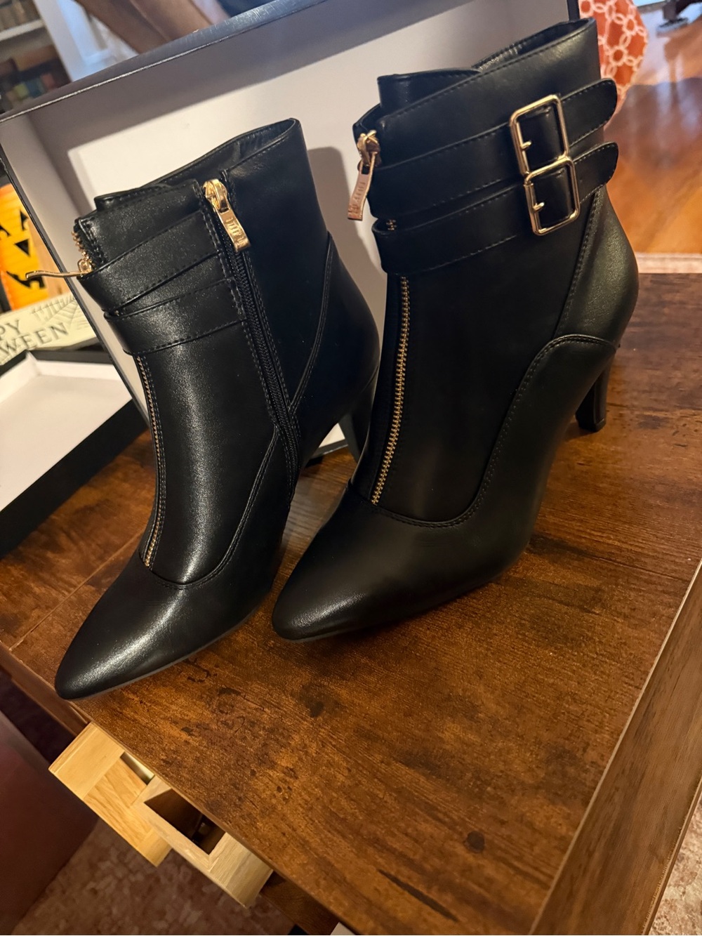 NIB Black Pointed Toe Gold Buckle Strap Ankle Booties Kitten Heel